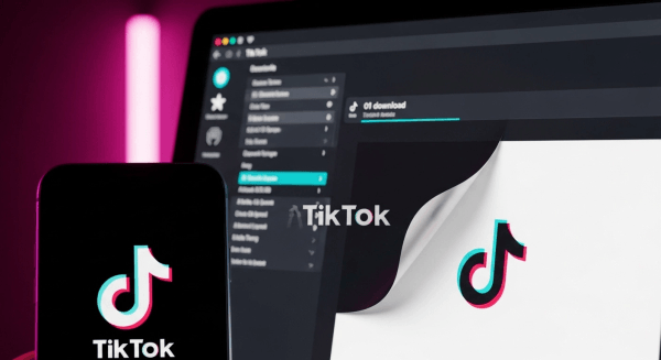 Smartphone displaying TikTok logo next to a desktop app downloading video without watermark